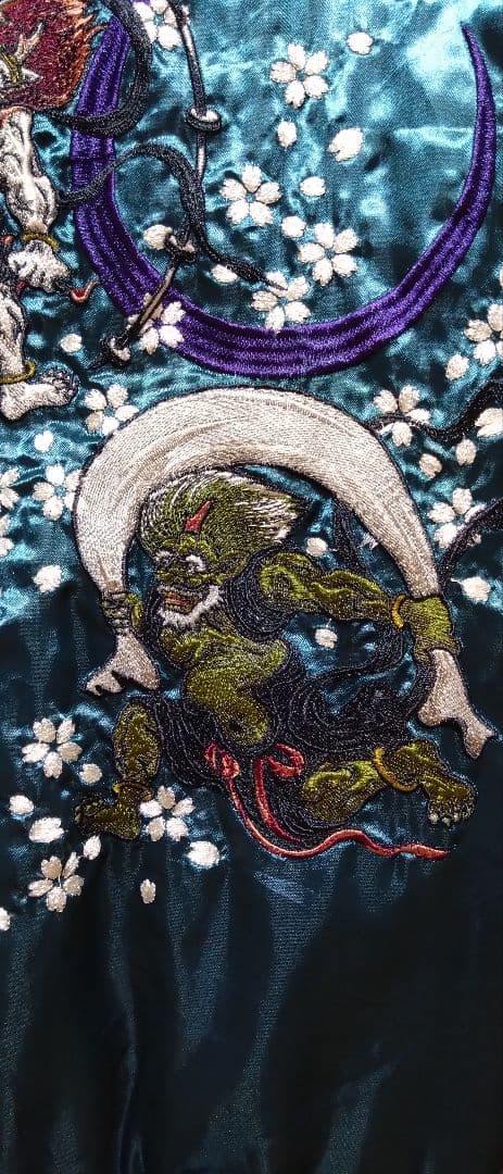 一心如鏡 スカジャン 風神雷神 刺繍 桜 月 和柄 サテン ブルーグリーン 5L