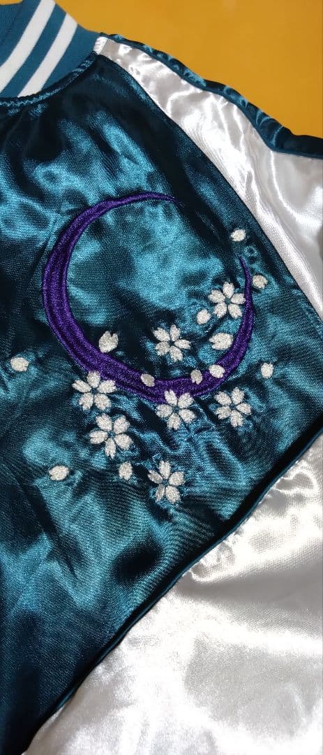 一心如鏡 スカジャン 風神雷神 刺繍 桜 月 和柄 サテン ブルーグリーン 5L