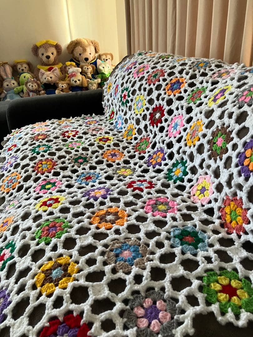 ソファーカバー　ベットカバー　大判ブランケット　マルチカバー　手編み　ハンドメイ