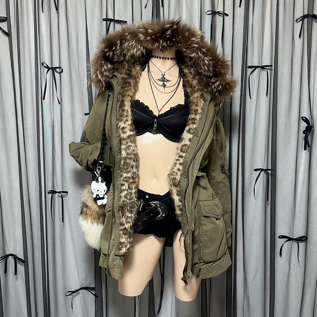 平成ギャル y2k　ヒョウ柄　リアルファー付きミニタリーモッズコート　グランジ