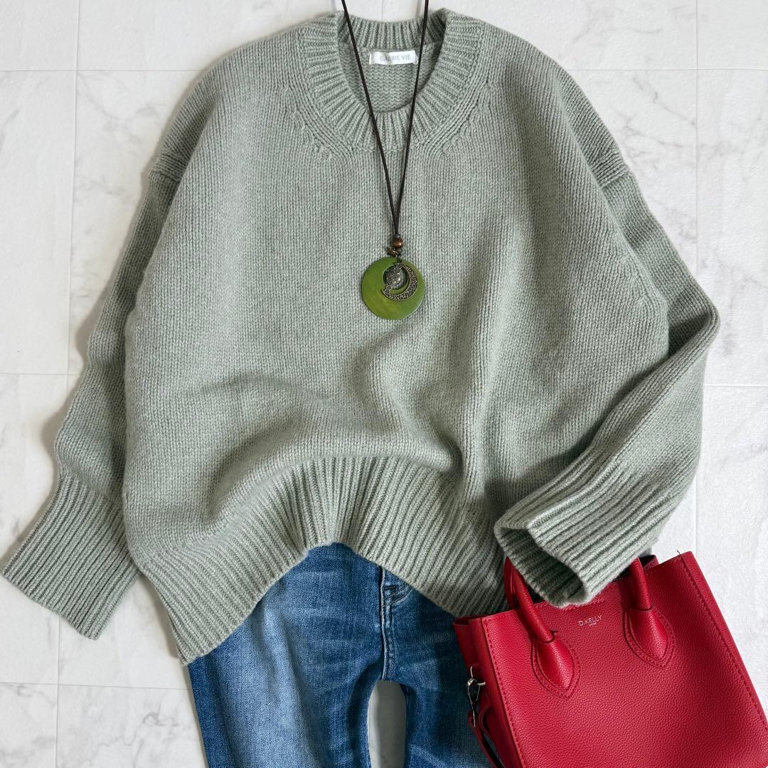 美品＊ギャルリーヴィー ファインウールクルーネックプルオーバー S グリーン