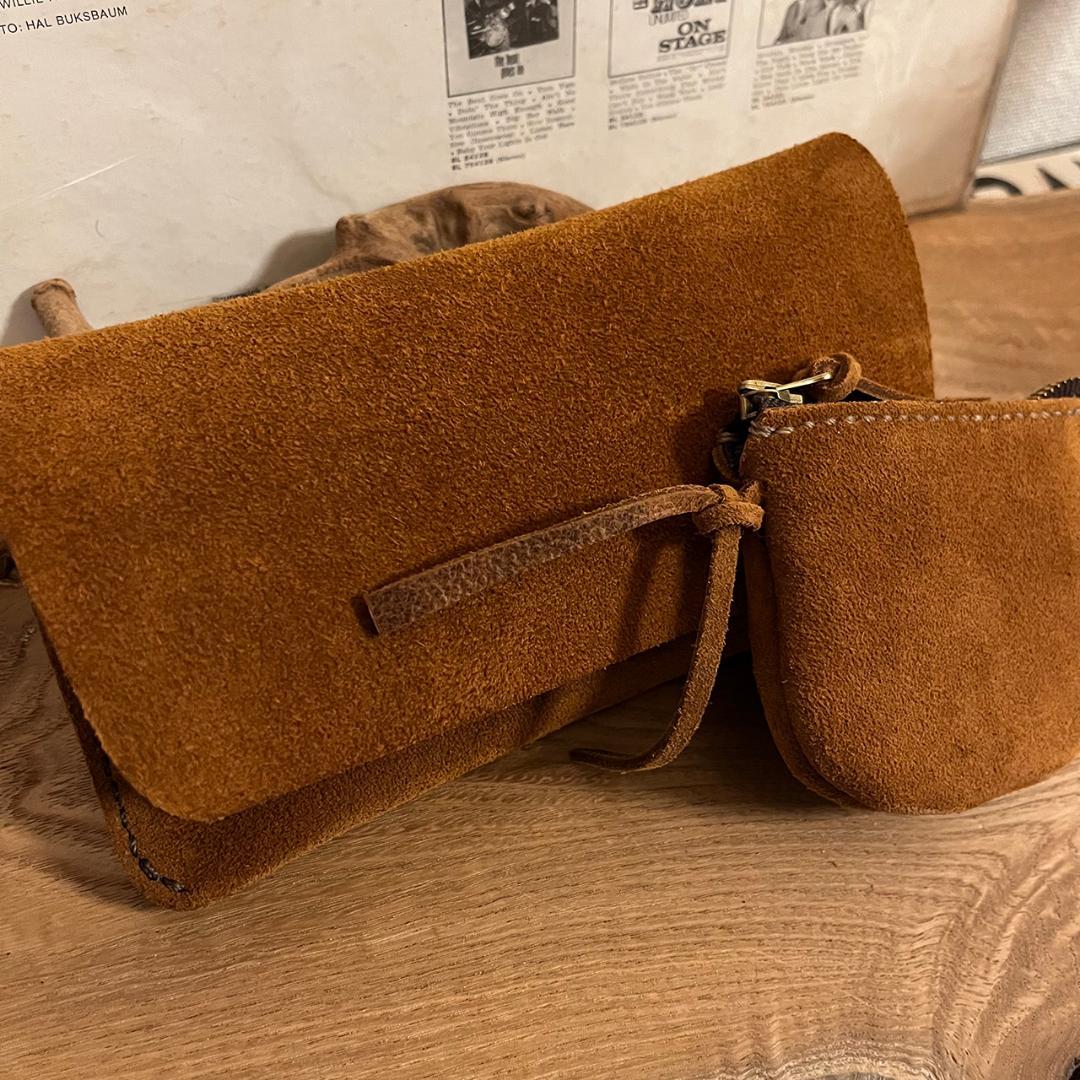 kudu革長財布 スエード ケース付き ２点セット キャメルカラー 一点物