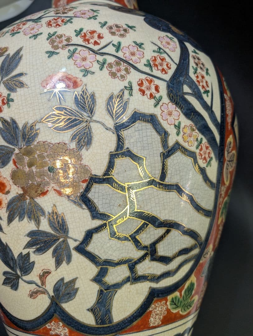yos有田焼 時代 伊萬里 染錦花鳥図 飾壷 大花瓶 78cm 在銘 金彩