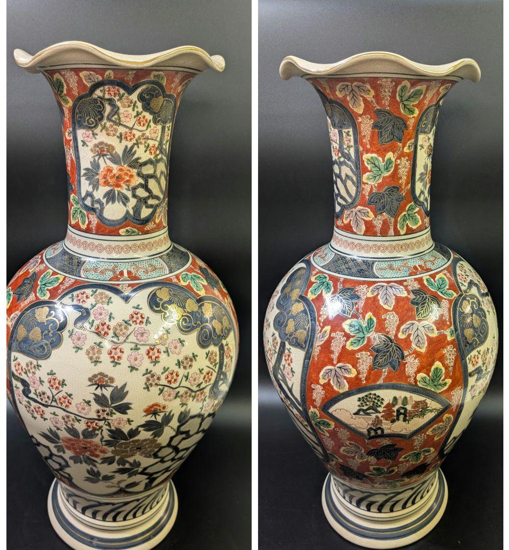 yos有田焼 時代 伊萬里 染錦花鳥図 飾壷 大花瓶 78cm 在銘 金彩