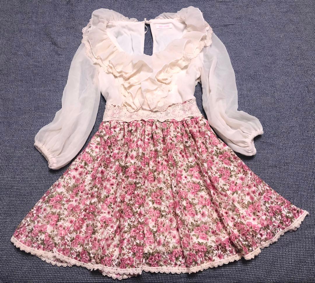 店舗限定LIZLISA花柄　フリルワンピース　ピンク薔薇　レース