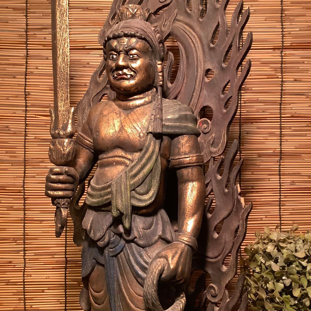 古玩・密教守護神「憤怒・不動明王」不動信仰・天地眼・神仏守護神・特大彩色木彫