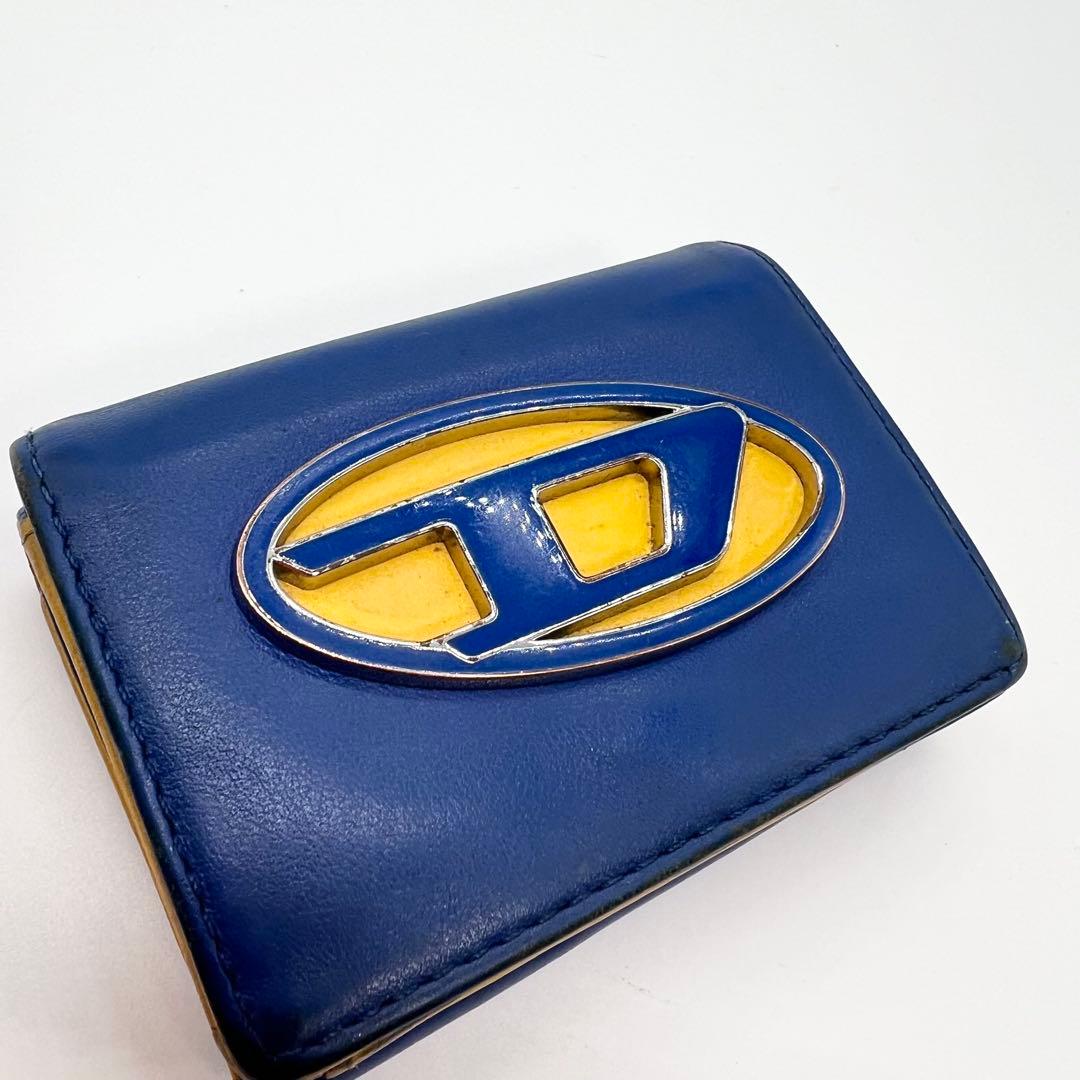 【希少✨完売品】ディーゼル　三つ折り財布　1DR　Dロゴ　レザー　ブルー　イエロ