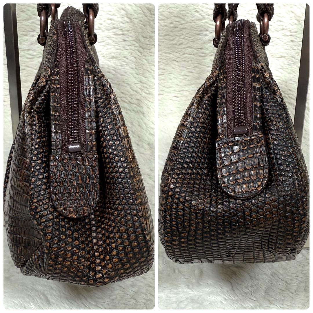 【美品】JRAタグ付 リザード 本革 ハンドバッグ ブラウン 茶 ヴィンテージ