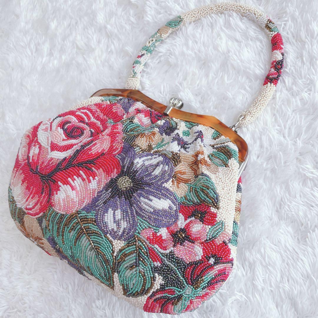 【人気】 ビーズバッグ　手刺繍　総柄　花柄　総ビーズバッグ　和装　がま口　バラ