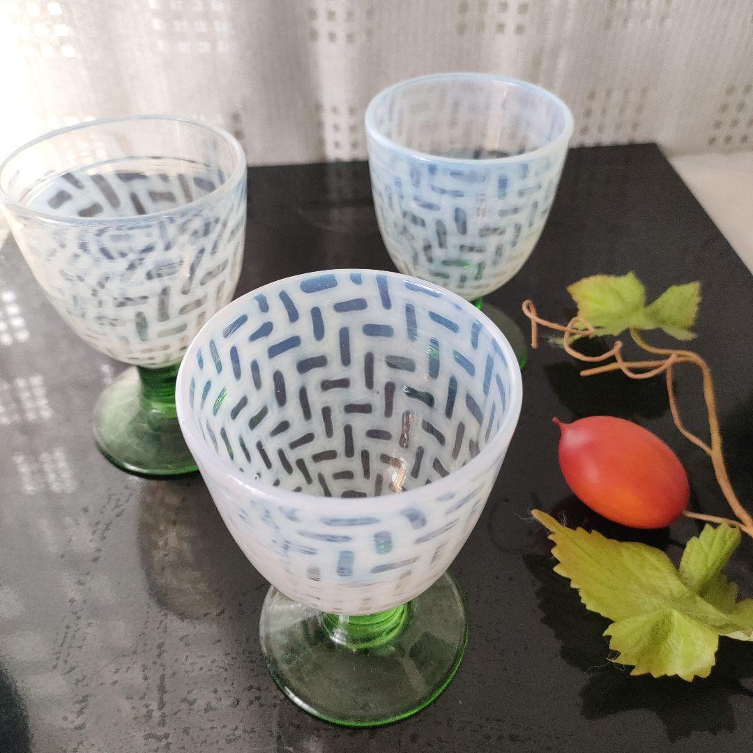 大正ロマン氷コップ 乳白色 脚付きグラス 3個セット