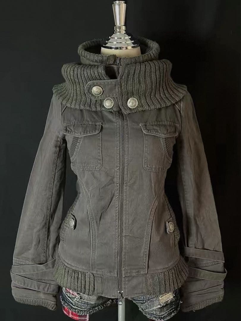 リブ襟 中綿ジャケット グレー ジップアップ ミリタリー風 Y2K 韓国