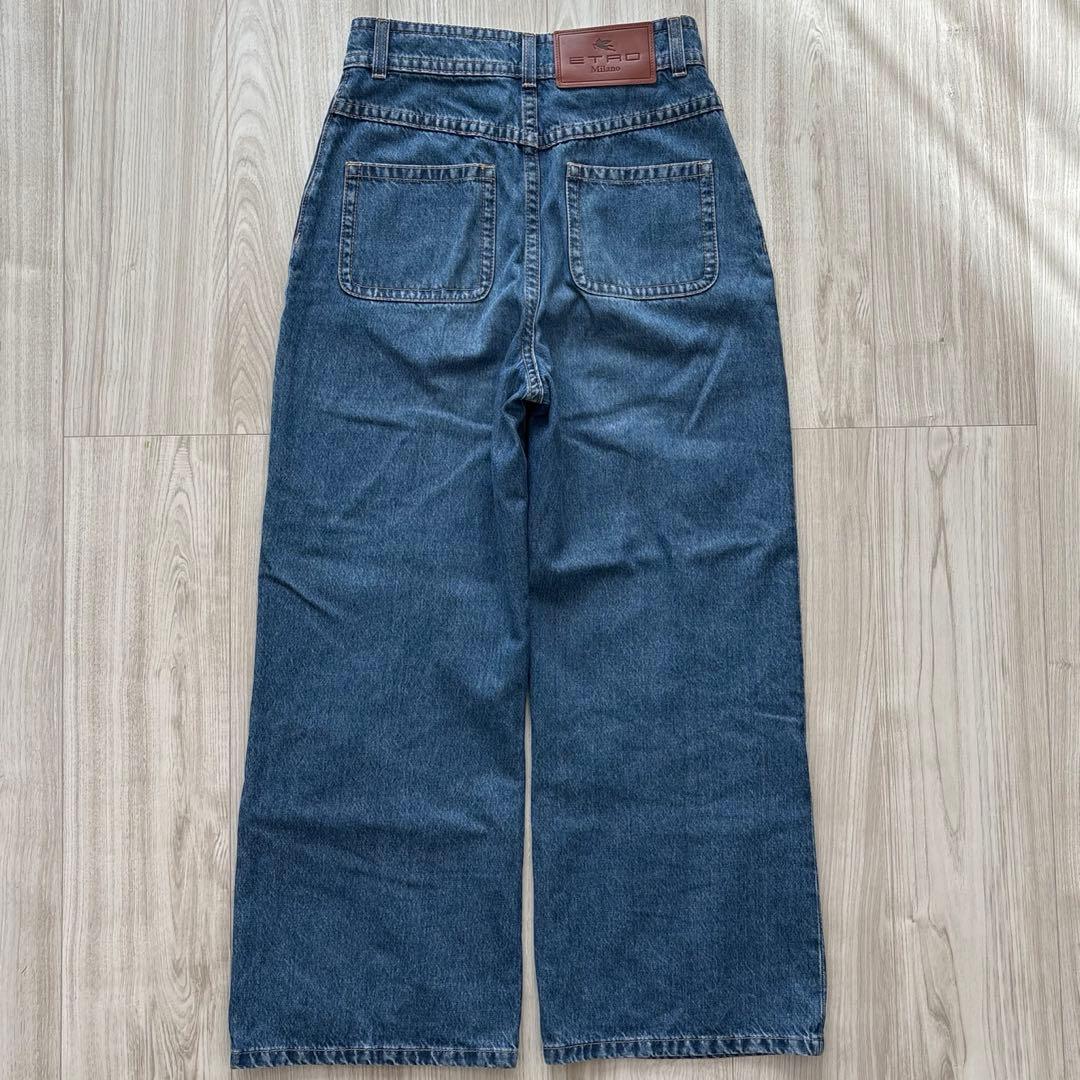 【美品】ETRO 23年製 ワイドデニムパンツ 25inch ロゴ刺繍 革パッチ