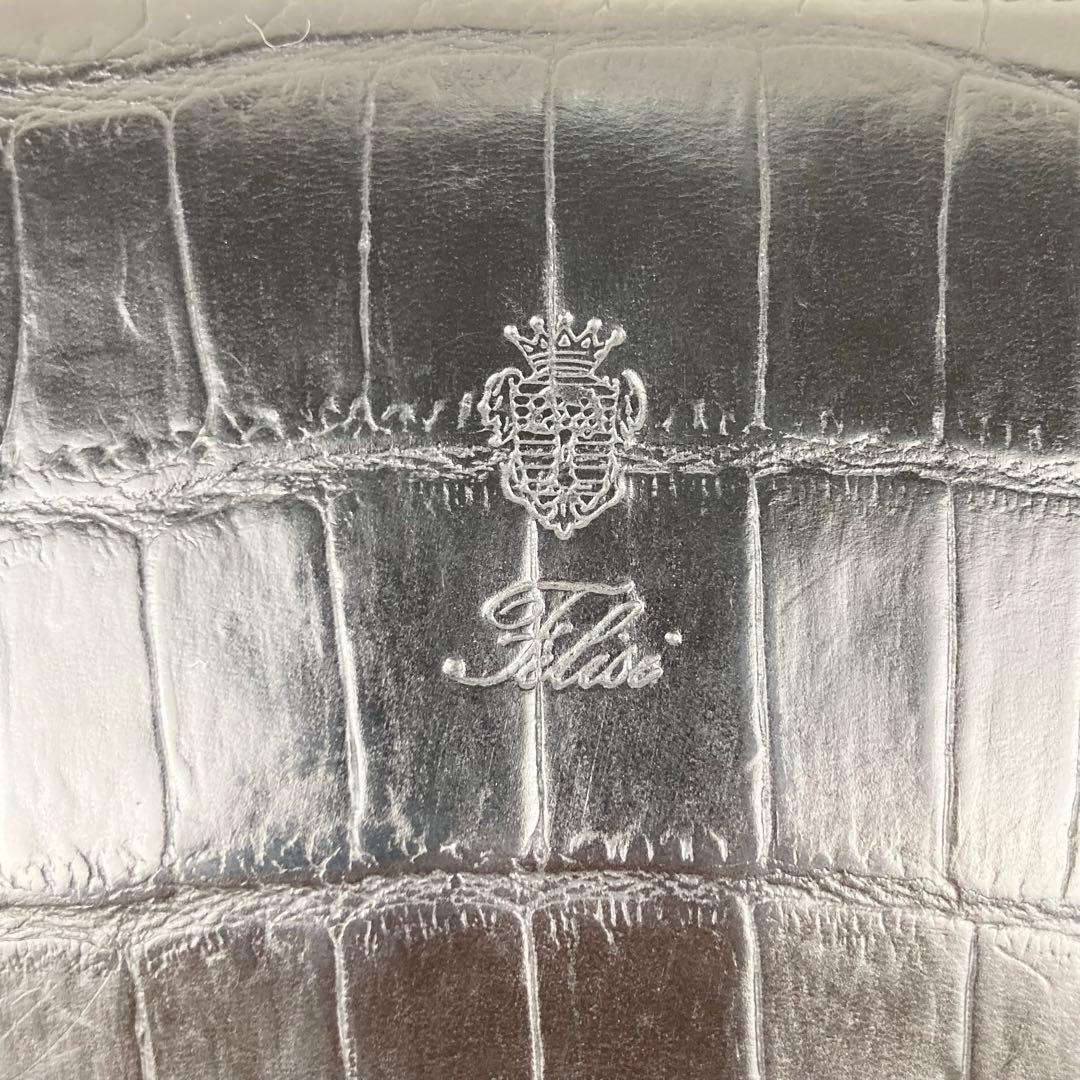 美品 フェリージ 長財布 クロコ型押 ラウンドジップ 黒 125 イタリア製