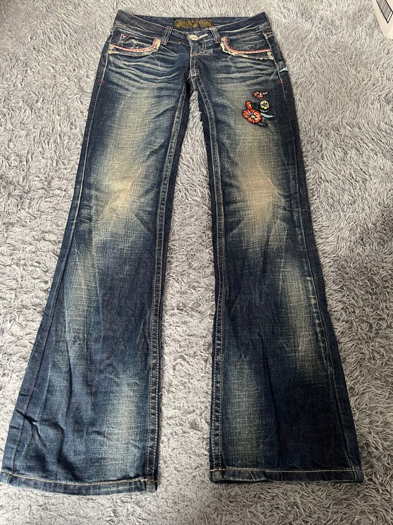 激レア　Y2K red pepper レインボー刺繍　ボヘミアン　フレアデニム