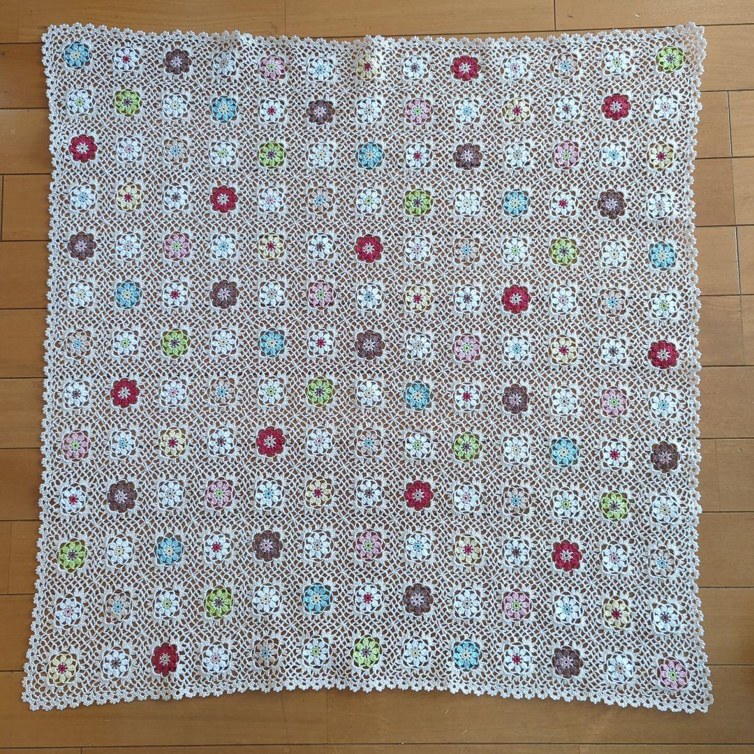 カラフル＆白花モチーフ　マルチカバー　クロス　レース編み