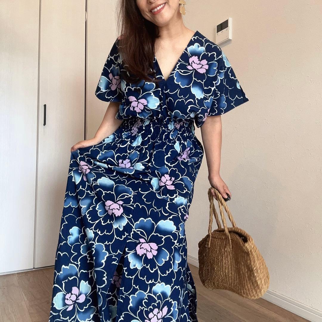 一点物　本染浴衣　ワンピース ハンドメイド　ロング　マキシ　シンプル　紺　綿
