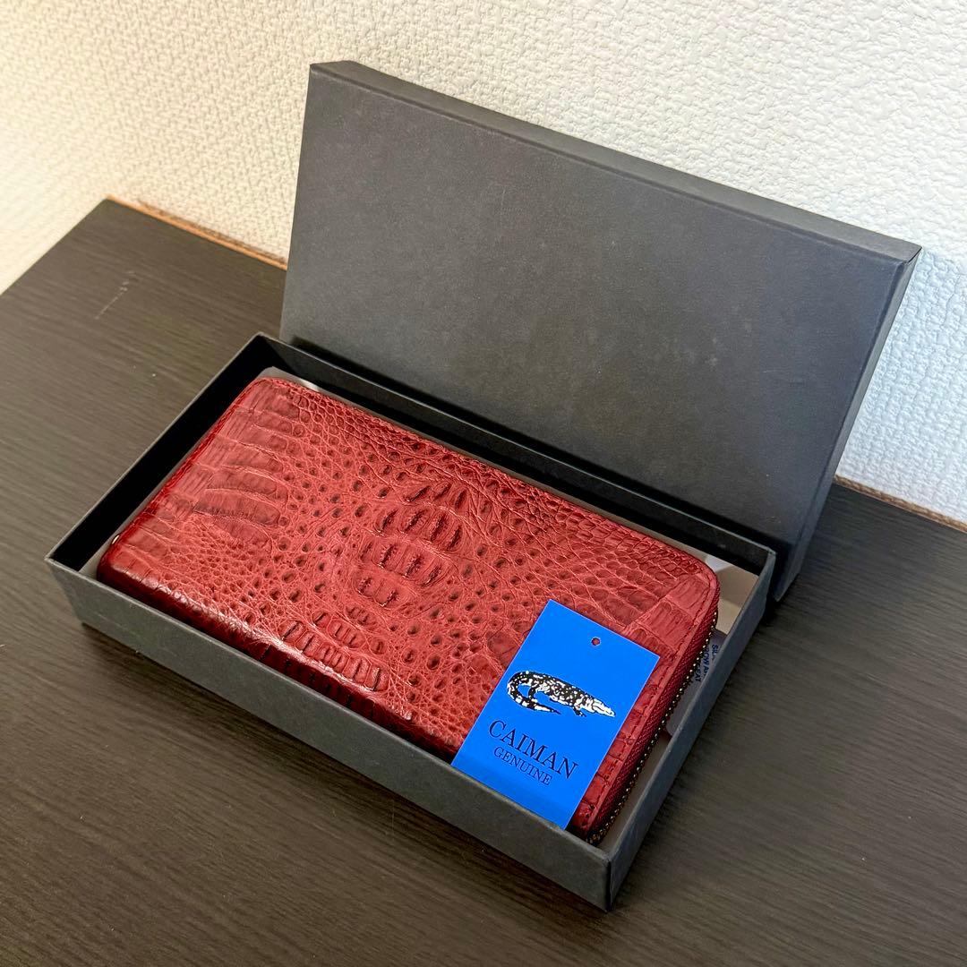 未使用品 カイマンクロコダイル一枚革 長財布 ロングウォレット メンズ レッド