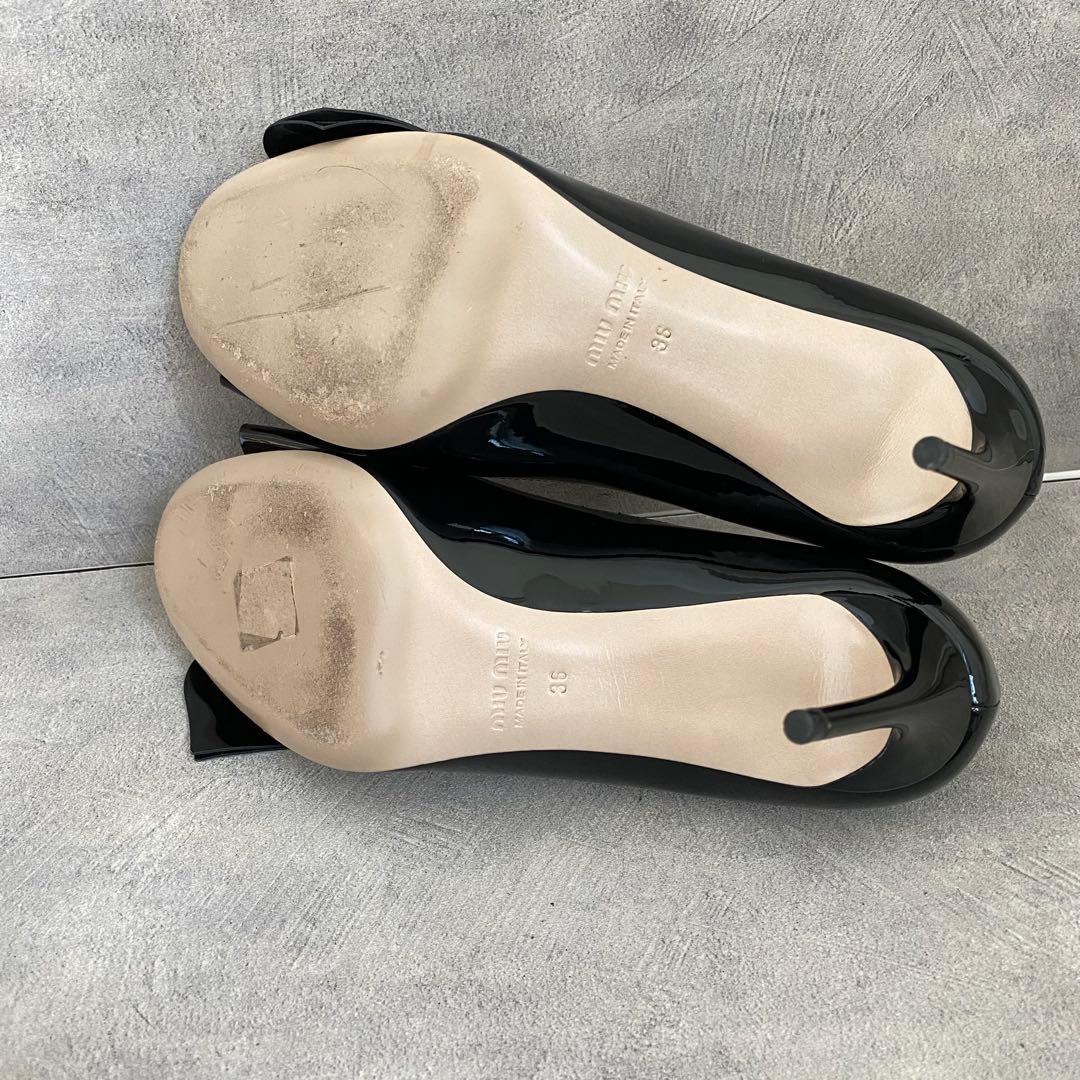 【美品】ミュウミュウ リボン パンプス エナメル パテントレザー ハイヒール