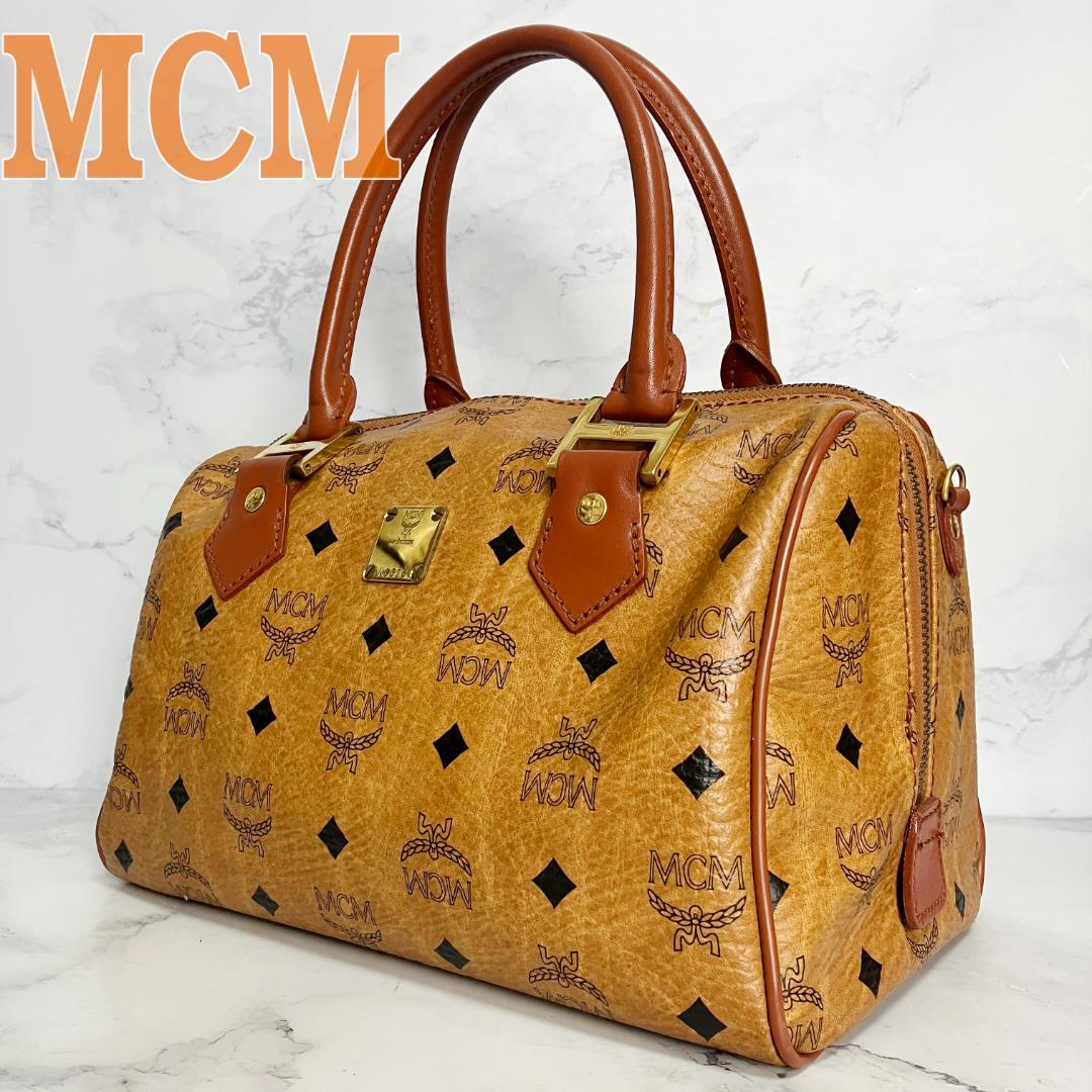 B702【美品】MCM★シボ革 ミニボストンバッグ ブラウン レザー