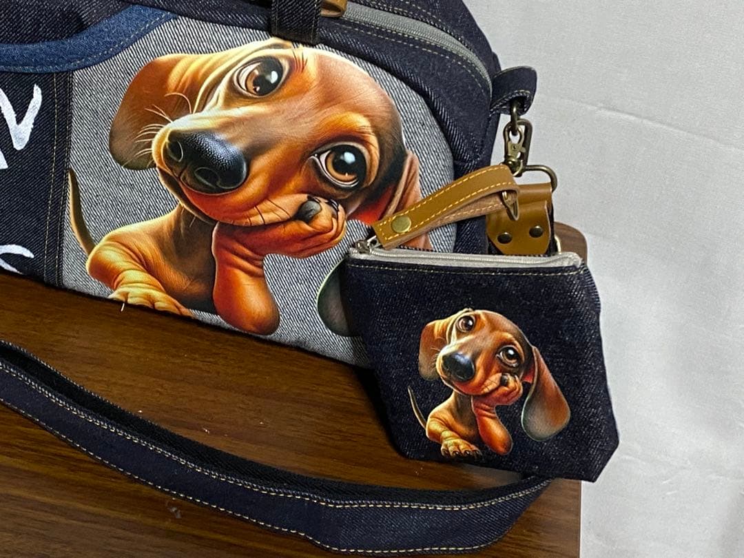 ハンドメイド☆岡山デニム☆ダックスフンド☆3way横長ボストンバッグ