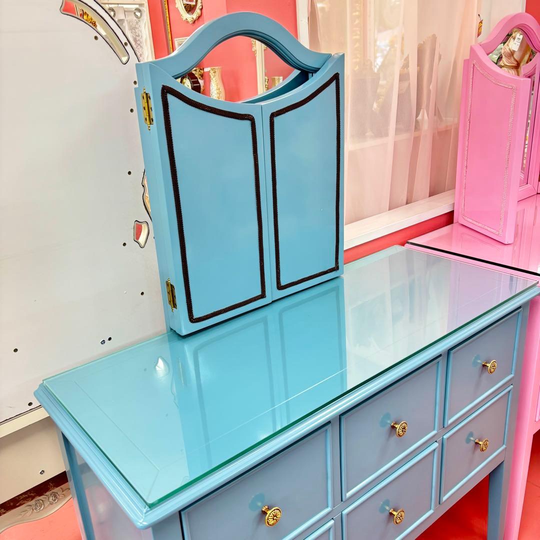 ブルー 3面鏡付 ドレッサー マホガニー材 3面鏡 高級 綺麗 開梱設置サービス