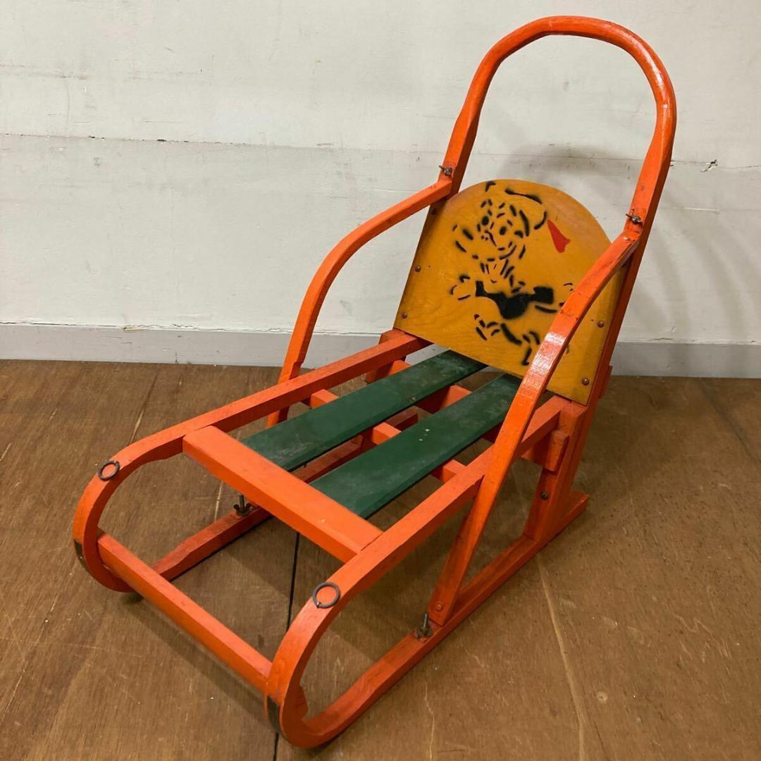 木製 手押し そり 昭和レトロ オレンジ8 曲げ木 犬ぞり 犬そり ガーデニング