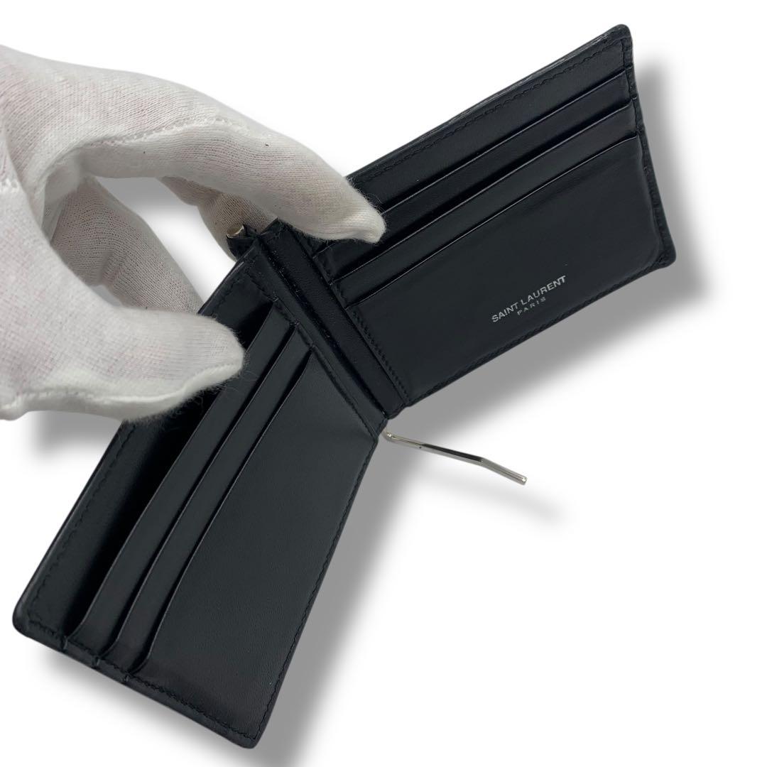 美品✨イヴサンローラン マネークリップ カサンドラ 二つ折り レザー ブラック