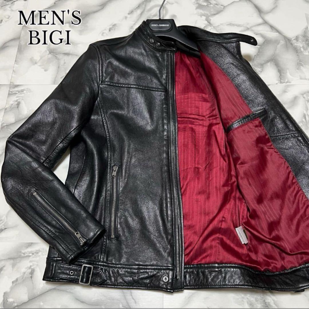 【美品】MEN'S BIGI ブラック リアルレザーライダースジャケット L