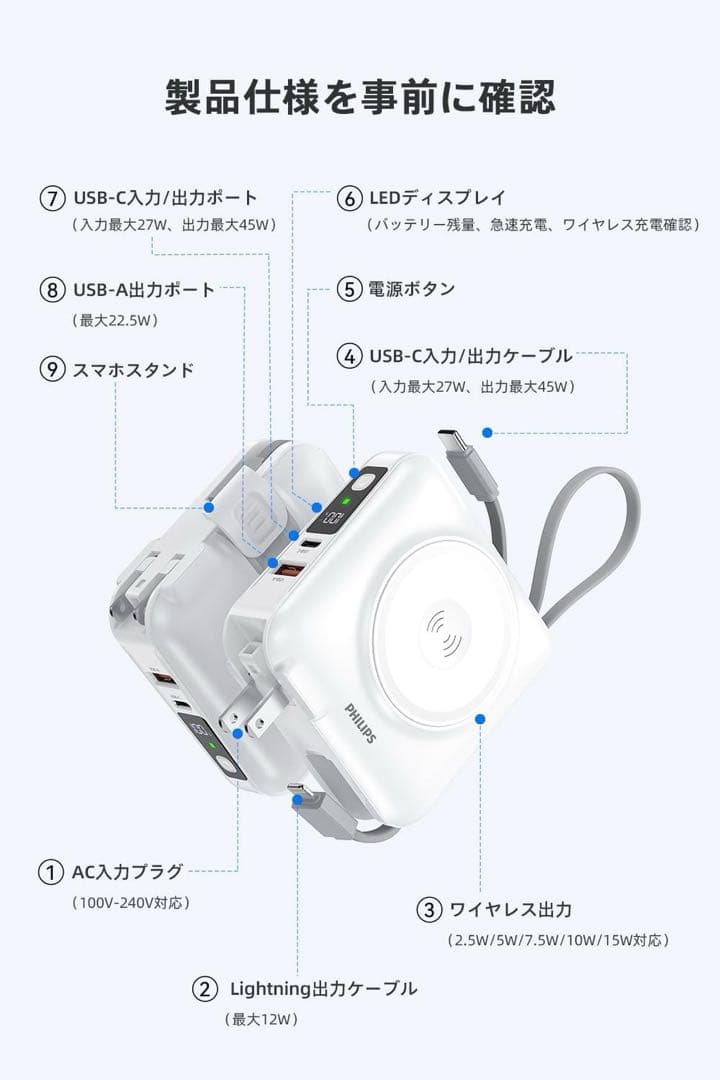 新品　Philips コンセント一体型モバイルバッテリー PSE認証済