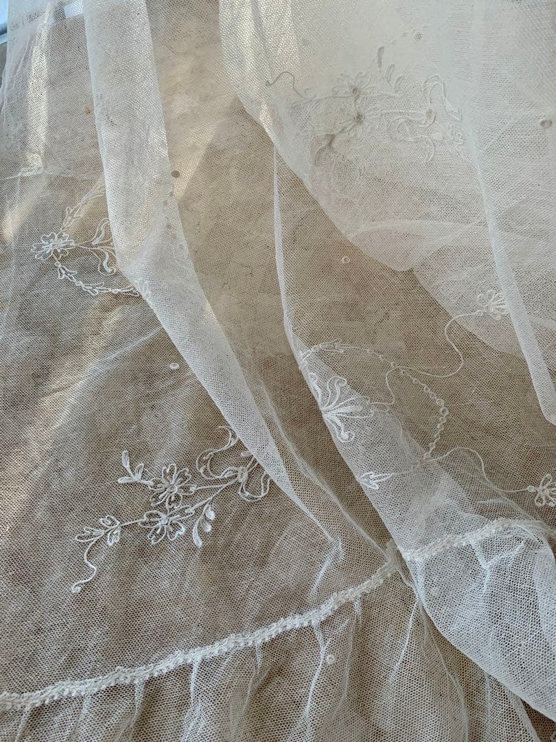 フランスアンティークコーネリー刺繍チュールレースロングカーテン※古色ホワイト