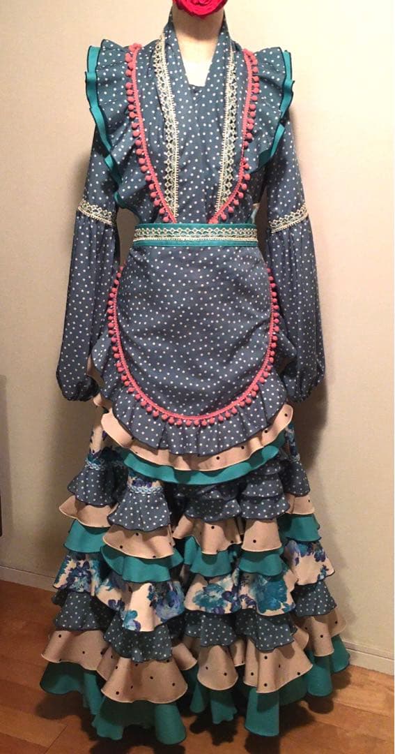 メル17134 フラメンコ 衣装 ファルダ ブラウス 花柄ブルーグリーン