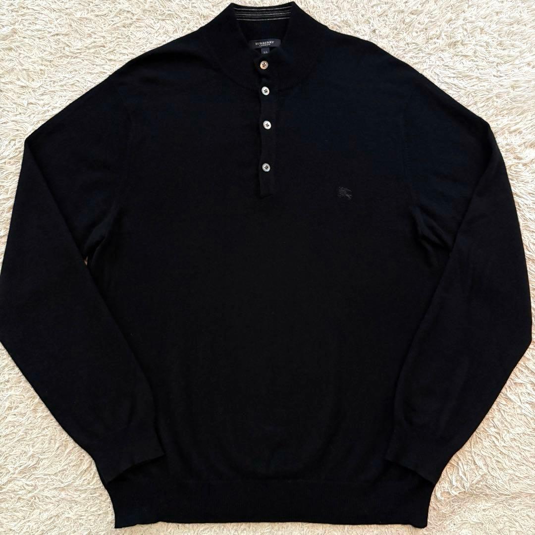 ★カシミヤ混 XLサイズ★ バーバリー ニット ヘンリーネック ホースロゴ 黒