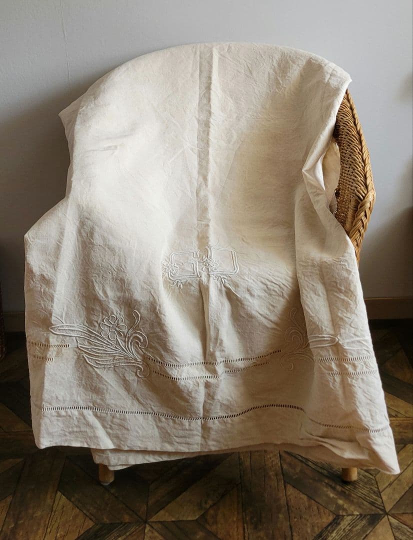 アンティーク リネン シーツ モノグラム刺繍布 ハシゴ刺繍 フレンチ