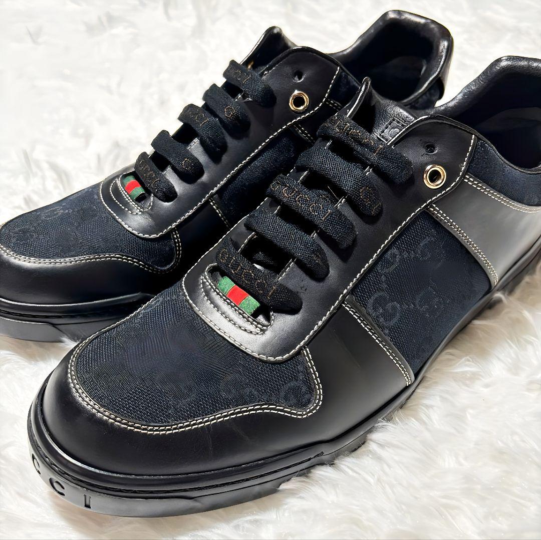 美品/グッチ GUCCI スニーカーGGキャンバス /レザー黒 25.5cm
