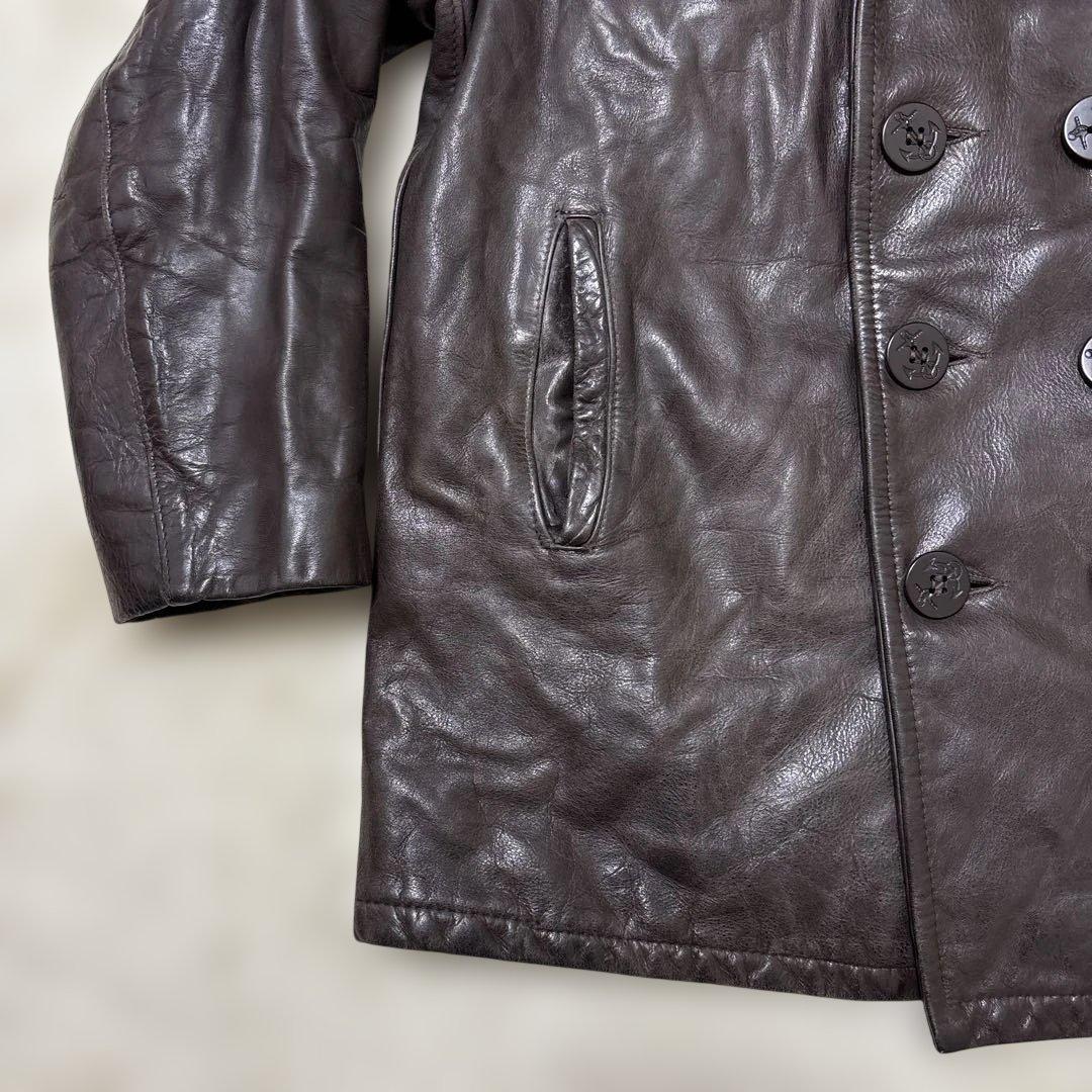 良サイズ！ショット★ブラウン　42 XL◎レザーピーコート★