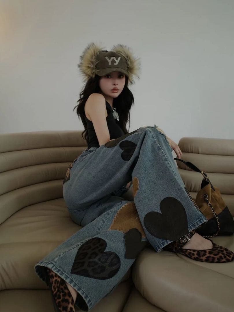 ♡ ダーリッチ Darich ♡ ランダムハートパッチワークデニムパンツ