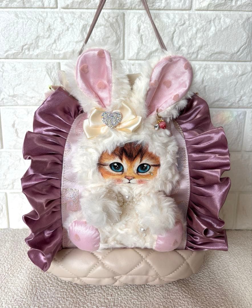 黒*こ様 コヤンイサムチョン　丸底巾着ファーバッグ　ピンク　白うさちゃん