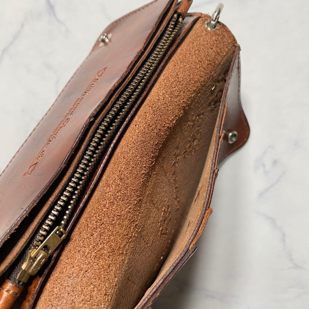 【良品】HTC　長財布　フラワースタッズ　折り財布　レザー　ブラウン　革　装飾