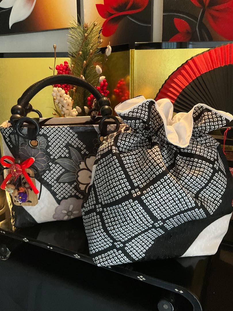 一閑張り　一閑張りバッグ　古文書　和紙　花絵柄　大正　着物　桜　京友禅　ダリア菊