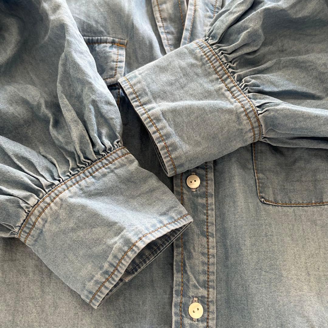 DouDou デニムVネックシャツ　ブルー　長袖　ゆったり　羽織り着痩せブラウス