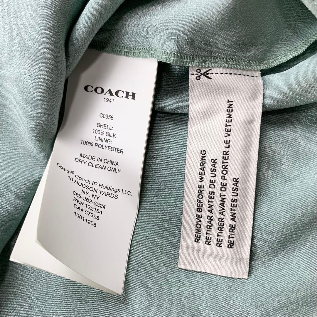 新品　COACH コーチ　シルク100% シフォンワンピース　総柄　グリーン系