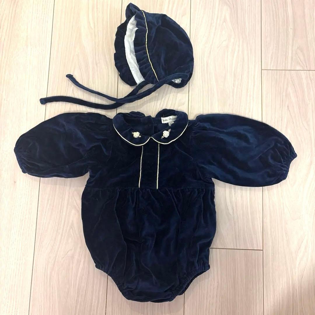 コントンさんへ　Bebe organicネイビー ベロアコットンロンパース