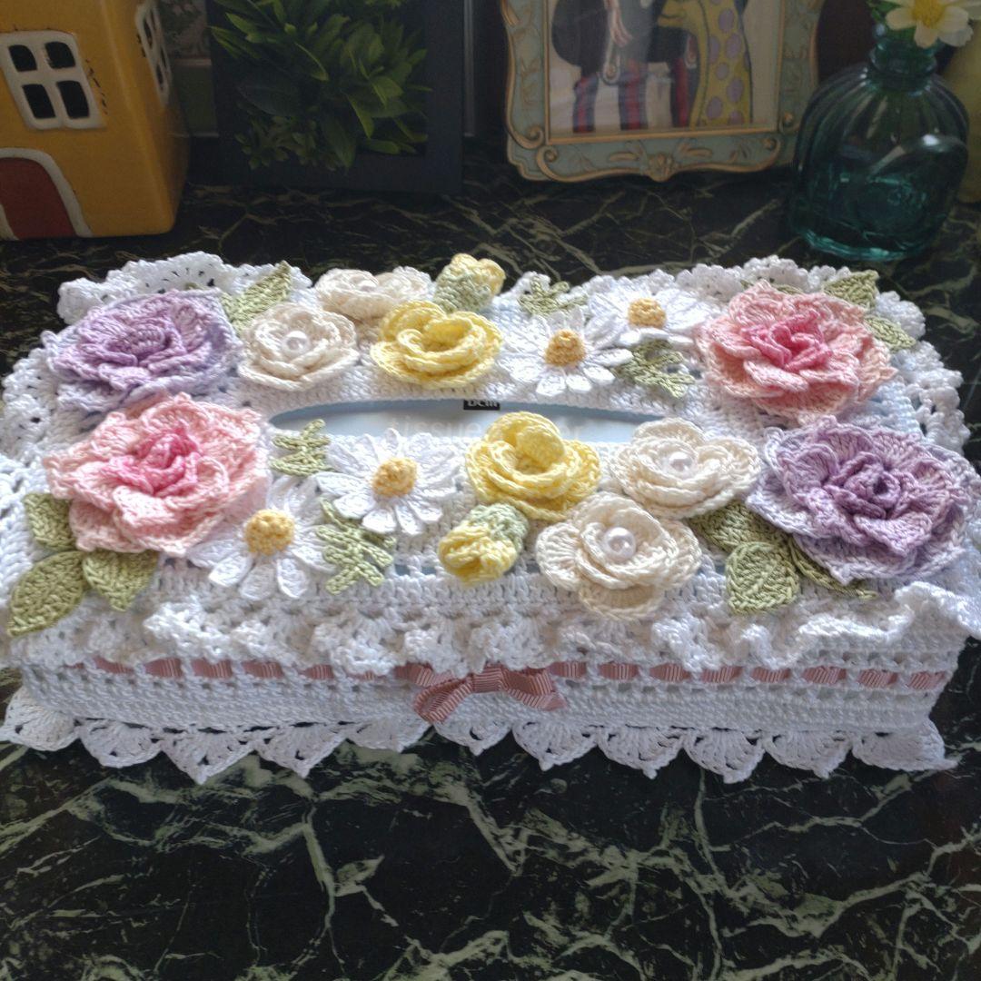 シクラメン様ティッシュボックスカバーかぎ編みインテリア生活道具レース編みドイリー