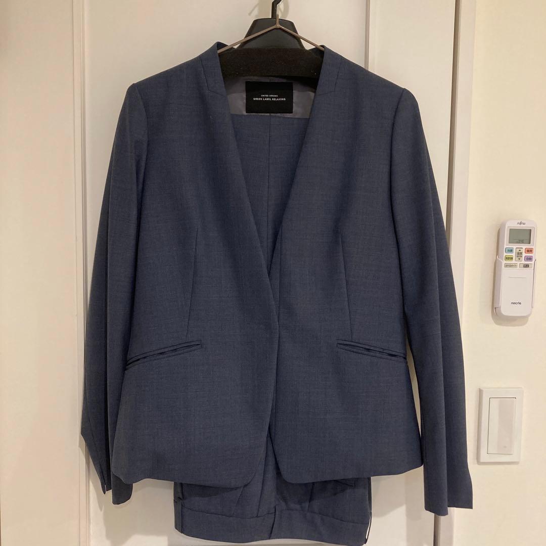 美品グリーンレーベルリラクシング ネイビー ブルーノーカラー ビジネススーツ