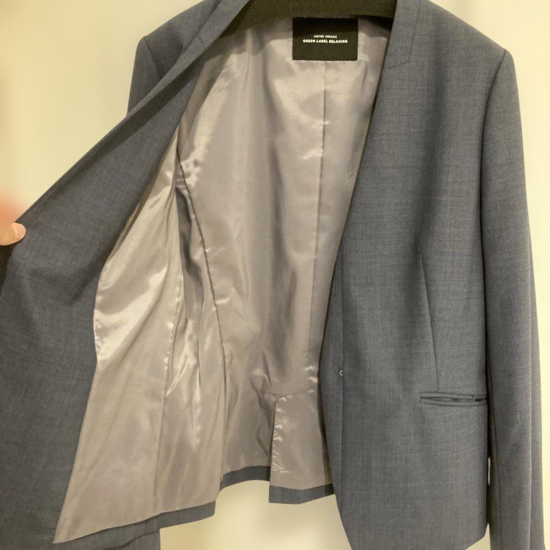 美品グリーンレーベルリラクシング ネイビー ブルーノーカラー ビジネススーツ