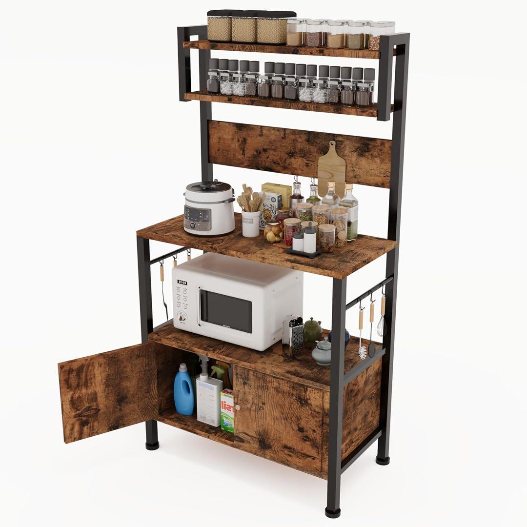 おしゃれビンテージ調レンジラック幅60キッチンラック 5段物置戸棚付き扉大型対応