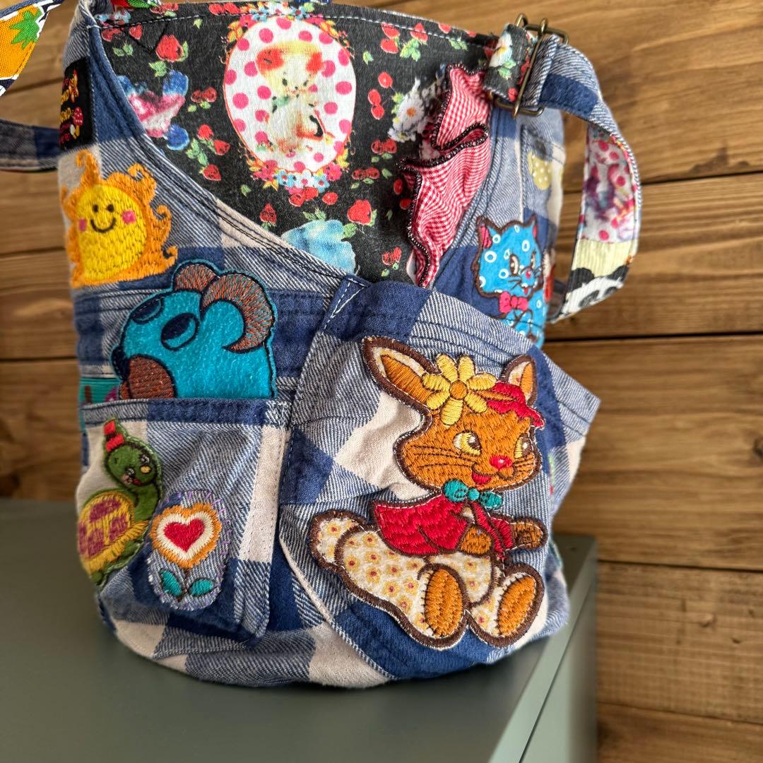 ハンドメイド デニムリメイク バッグ サロペット レトロアニマル 楕円底 32