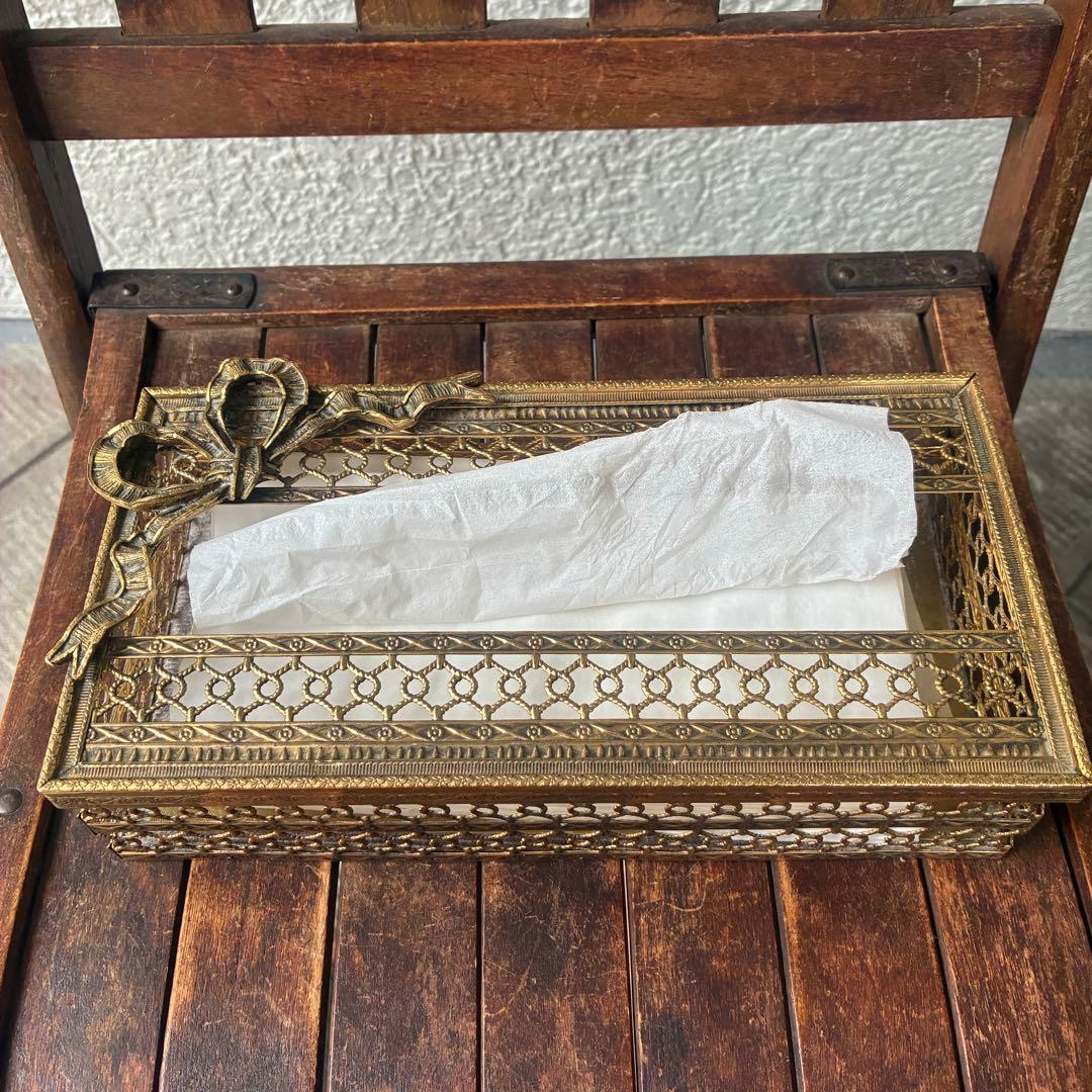 豪華50s リボン型アメリカアンティーク金属製ティッシュケースUSAヴィンテージ