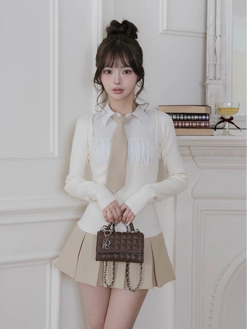 Darich ネクタイシャツドッキングニットミニワンピース BEG