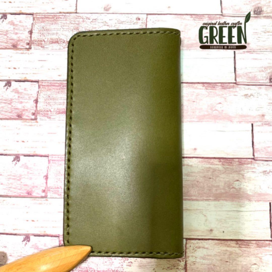 栃木レザー　オリーブ　グリーンiPhoneケース　手帳型 本革